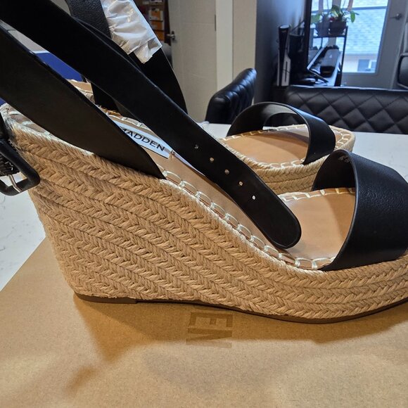 Steve Madden Upstage Black Leather Espedrille High Wedge Platform Sandal SIZE 7 - Picture 4 of 10